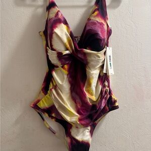 NWT DKNY Twist Front One-Piece Swimsuit in Purple, Yellow & Cream